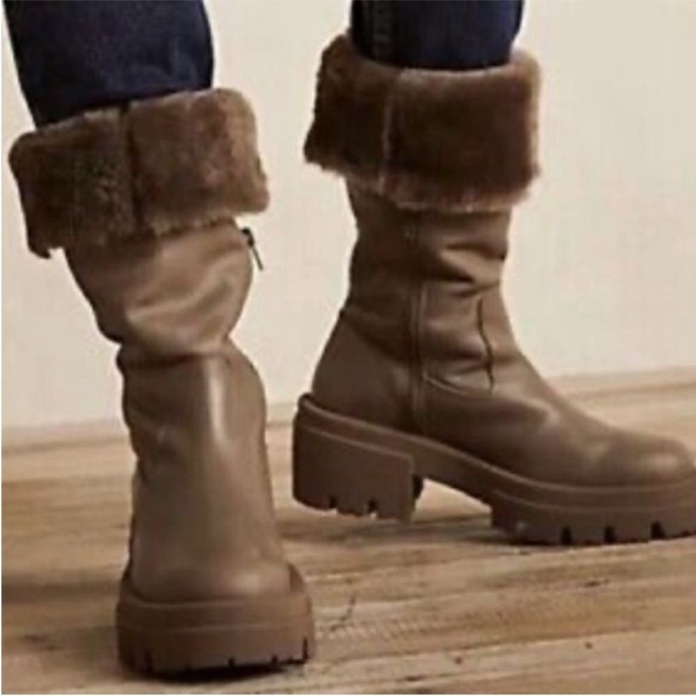 Free People Charlee Chunky Mid Boots Fur Cuff Lug Sole Taupe Minky Brown US 10